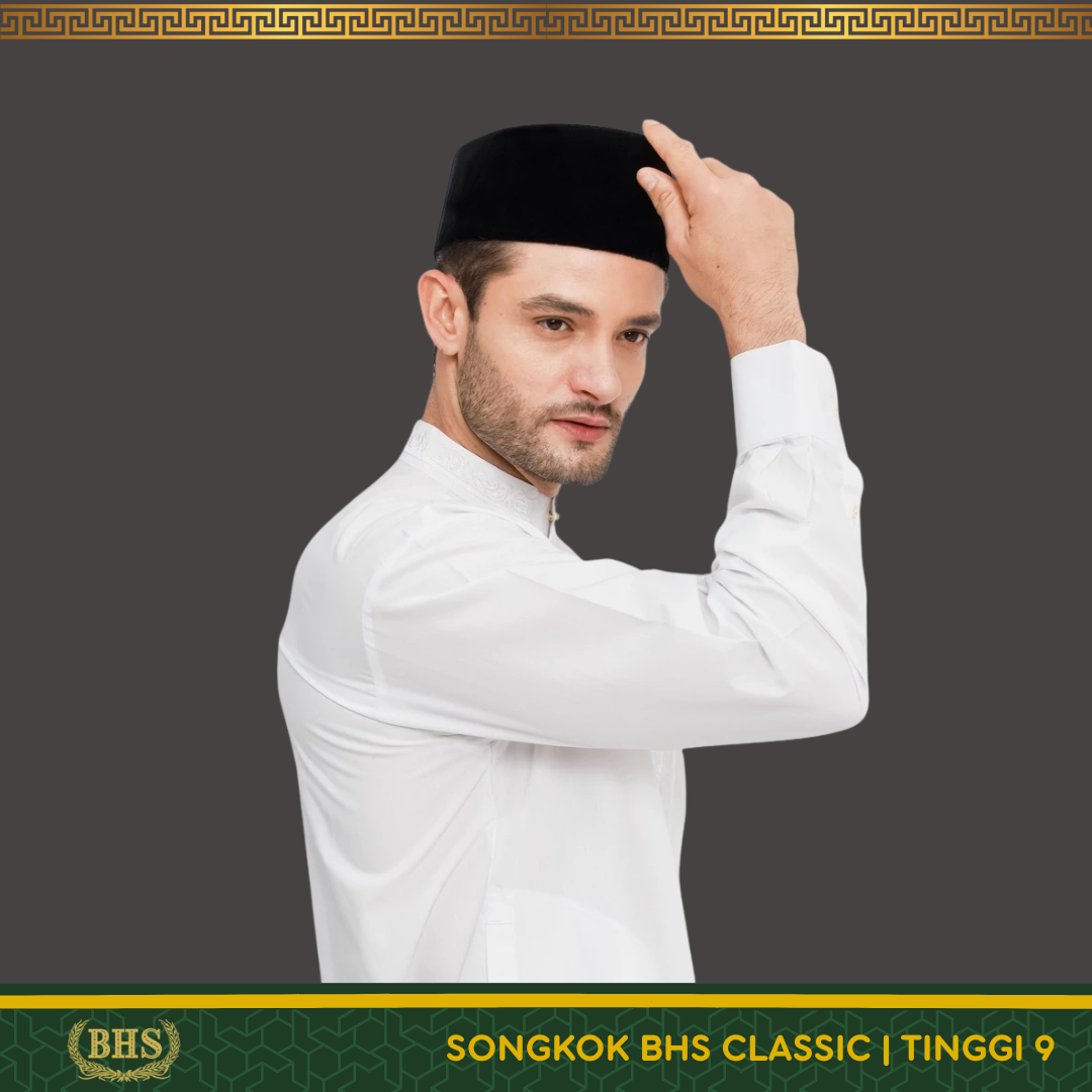 Songkok Peci BHS Classic AC Tinggi 9 Ukuran 6, 7, 8, 9, dan 10 Bahan Beluddru Hitam