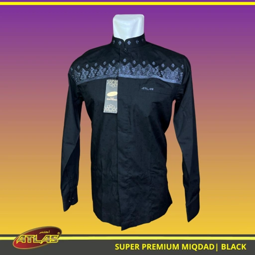Image of Baju Koko / Baju Muslim ATLAS Super Premium MIQDAD Bordir Lengan Panjang Stylish, Eksklusif dan Elegan Warna Black / Hitam