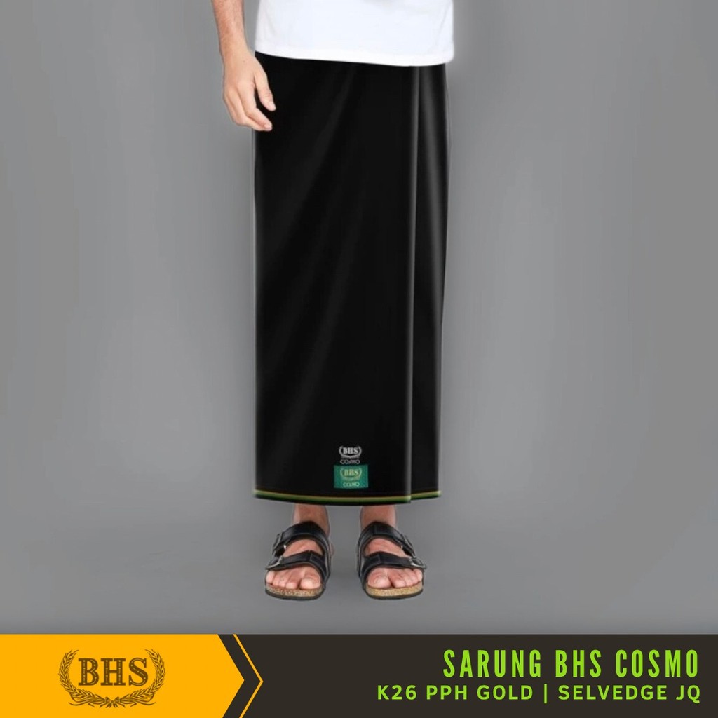 Sarung BHS Cosmo PPH Gold Motif K26 Warna Hitam Polos Tumpal Kembang SELVEDGE JACQUARD Bahan Viscose Blend Halus dan Lembut