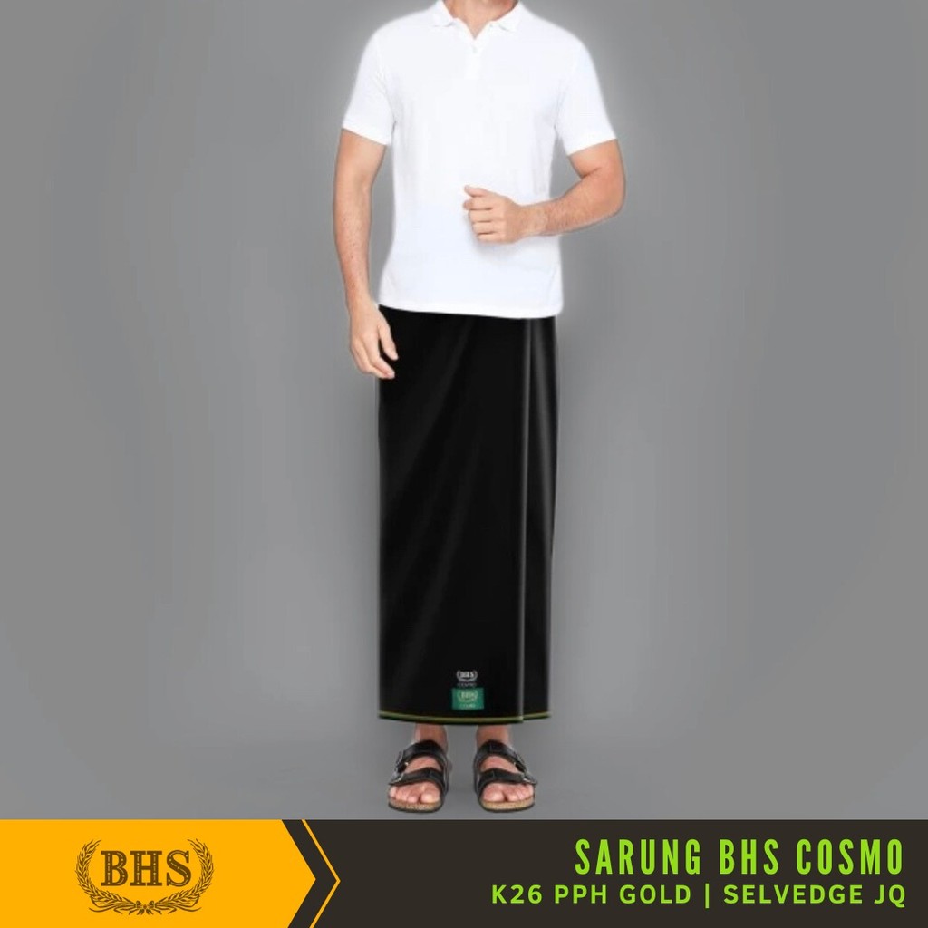 Sarung BHS Cosmo PPH Gold Motif K26 Warna Hitam Polos Tumpal Kembang SELVEDGE JACQUARD Bahan Viscose Blend Halus dan Lembut
