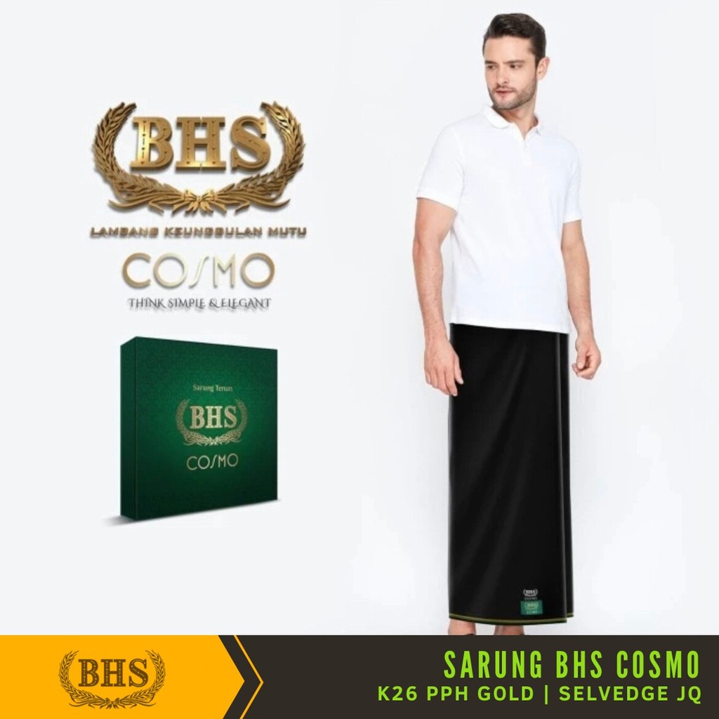 Sarung BHS Cosmo PPH Gold Motif K26 Warna Hitam Polos Tumpal Kembang SELVEDGE JACQUARD Bahan Viscose Blend Halus dan Lembut