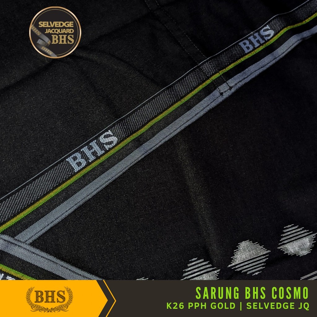 Sarung BHS Cosmo PPH Gold Motif K26 Warna Hitam Polos Tumpal Kembang SELVEDGE JACQUARD Bahan Viscose Blend Halus dan Lembut
