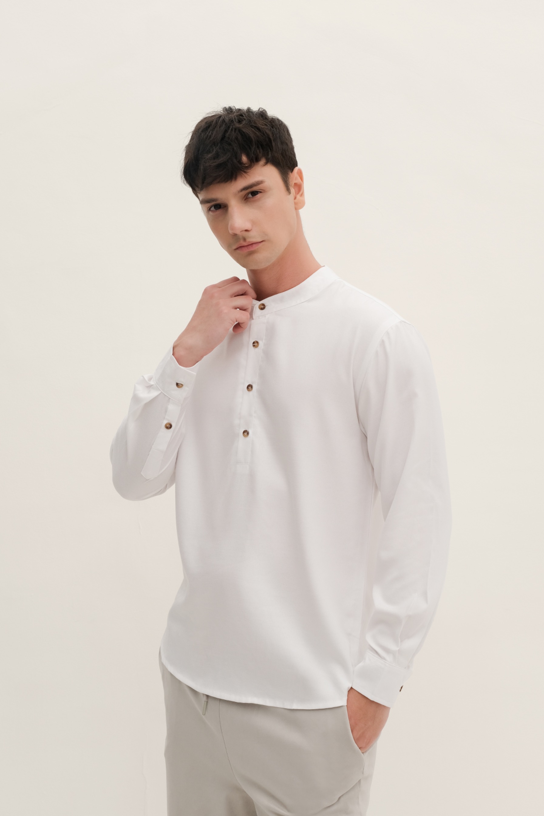 BANTALA - collarless halfbutton long sleeve shirt