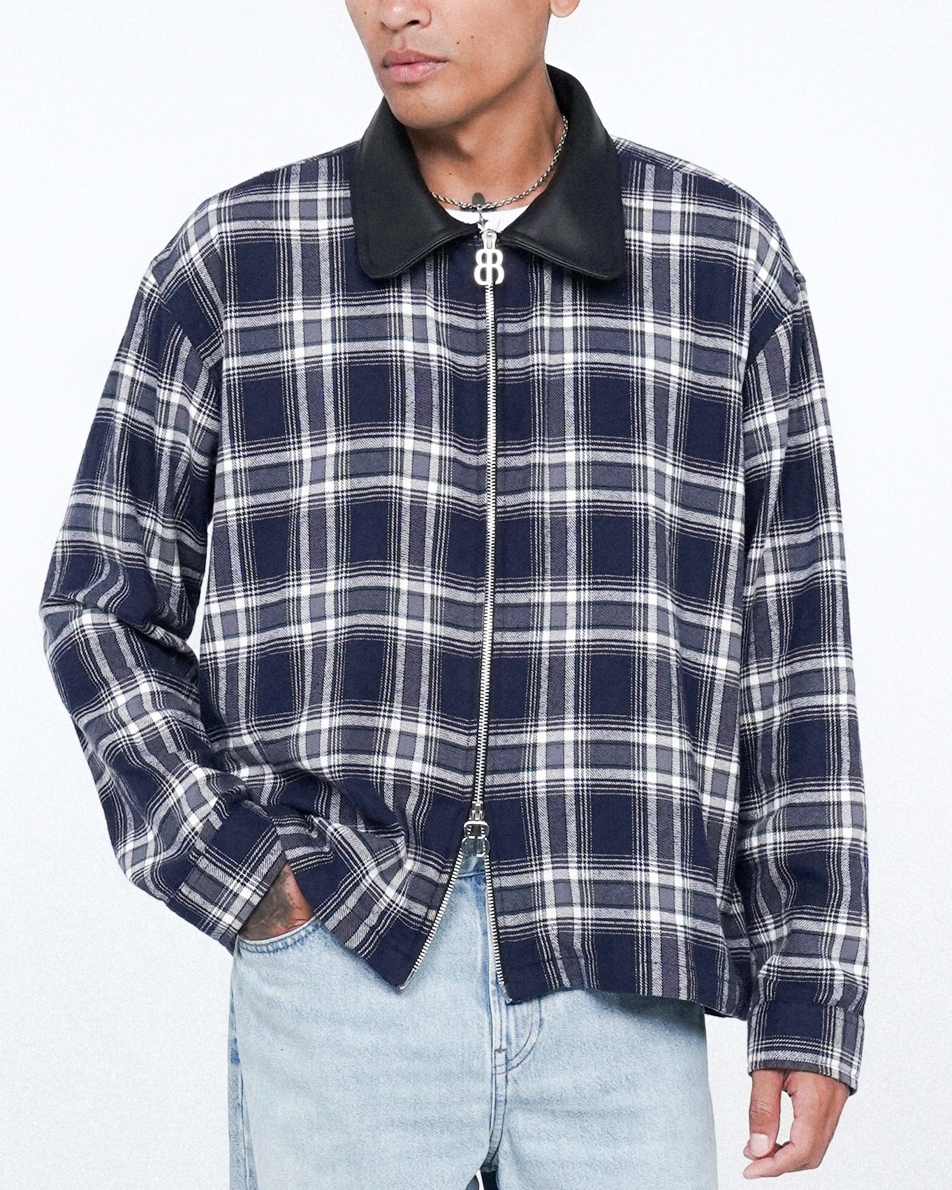 Bewear - Jacket Flannel Leather Collar Deep Navy