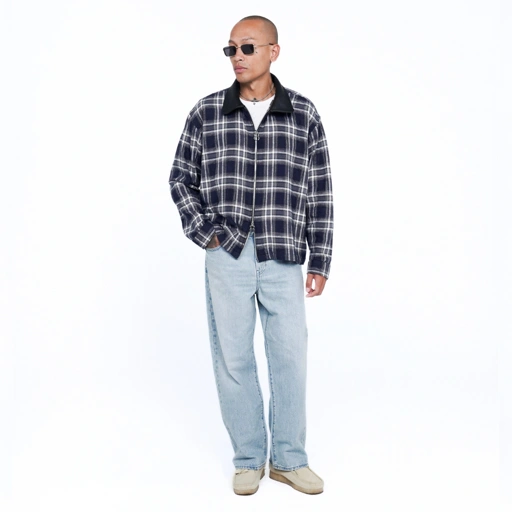 Image of Bewear - Jacket Flannel Leather Collar Deep Navy