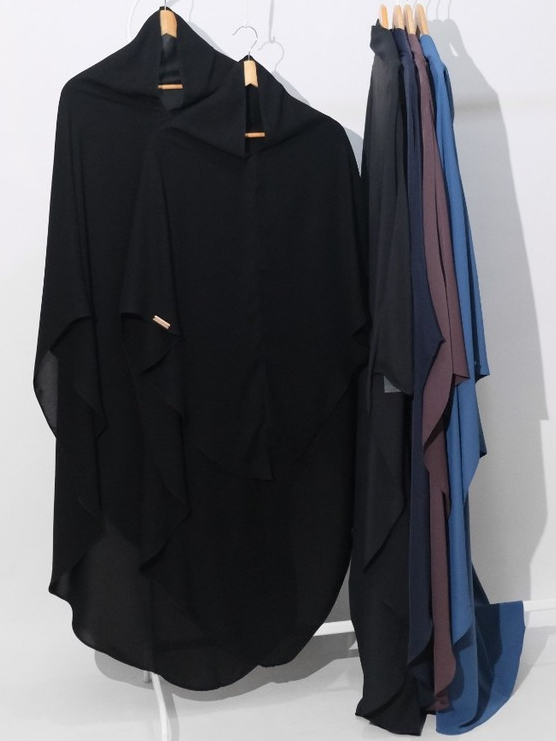 Uzma Indonesia - HAFSHAH French Khimar Non Pad Umroh Haji Umrah Hajj Basic Syar'i Poly Cooltech Polos Muslimah Gamis Simple Elegant Lembut Adem Black Jetblack