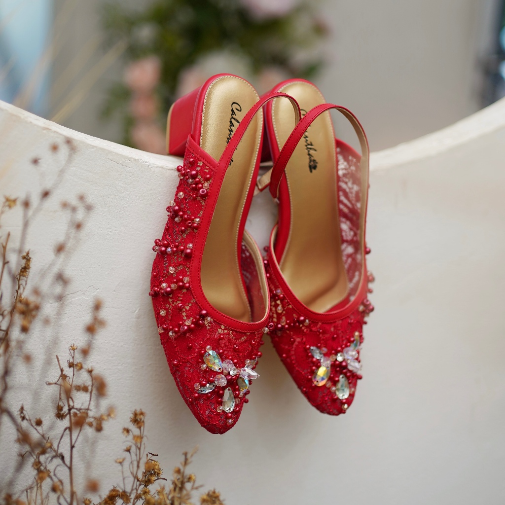 Deu_Calantha Sepatu Pesta Wanita Wedding Shoes Berpayet Reffina Heels Blok 5 Cm Berbahan Brokat Insole Empuk