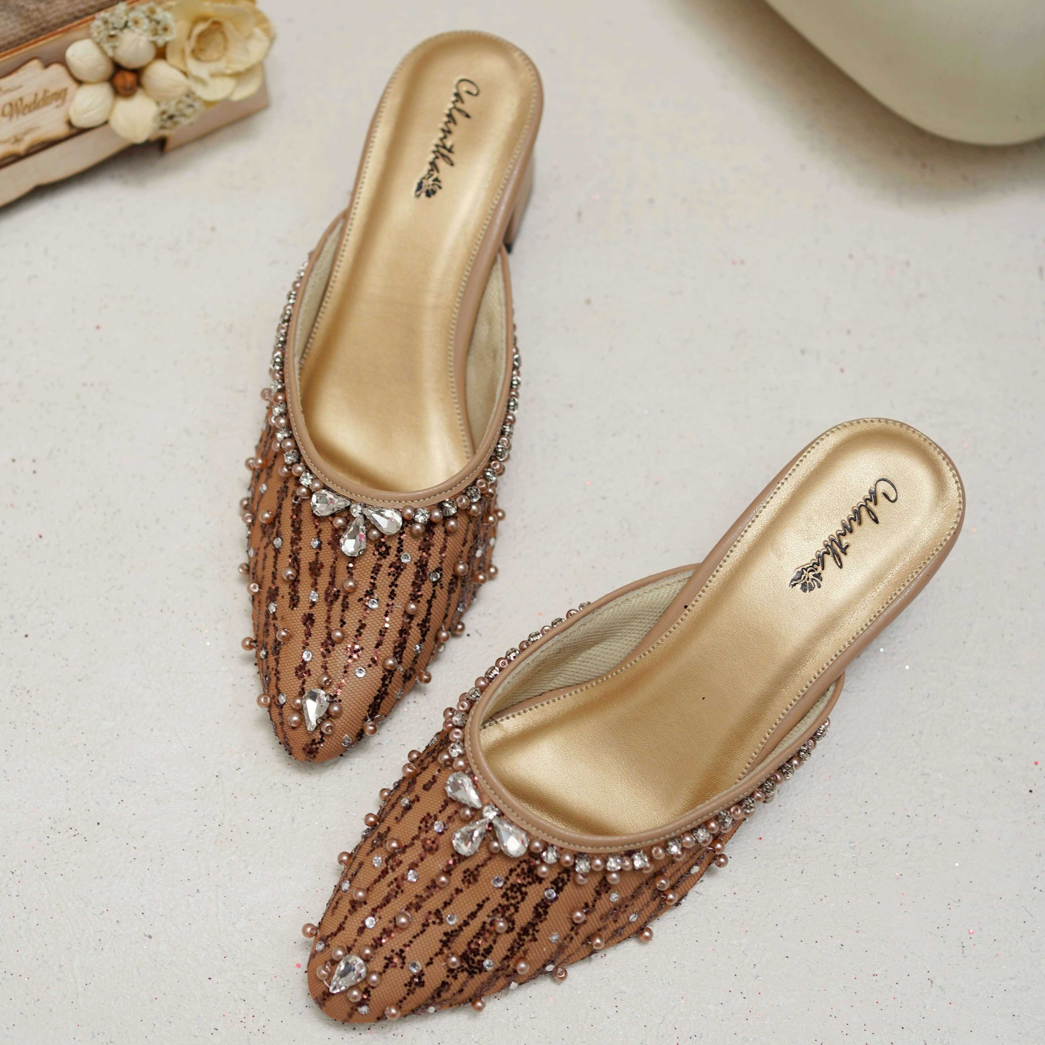 Deu_Calantha Sepatu Pesta Wanita Wedding Shoes Selop Payet Bella Brown Glitter Heels 5 Cm Slop Berbahan Brokat Insole Empuk