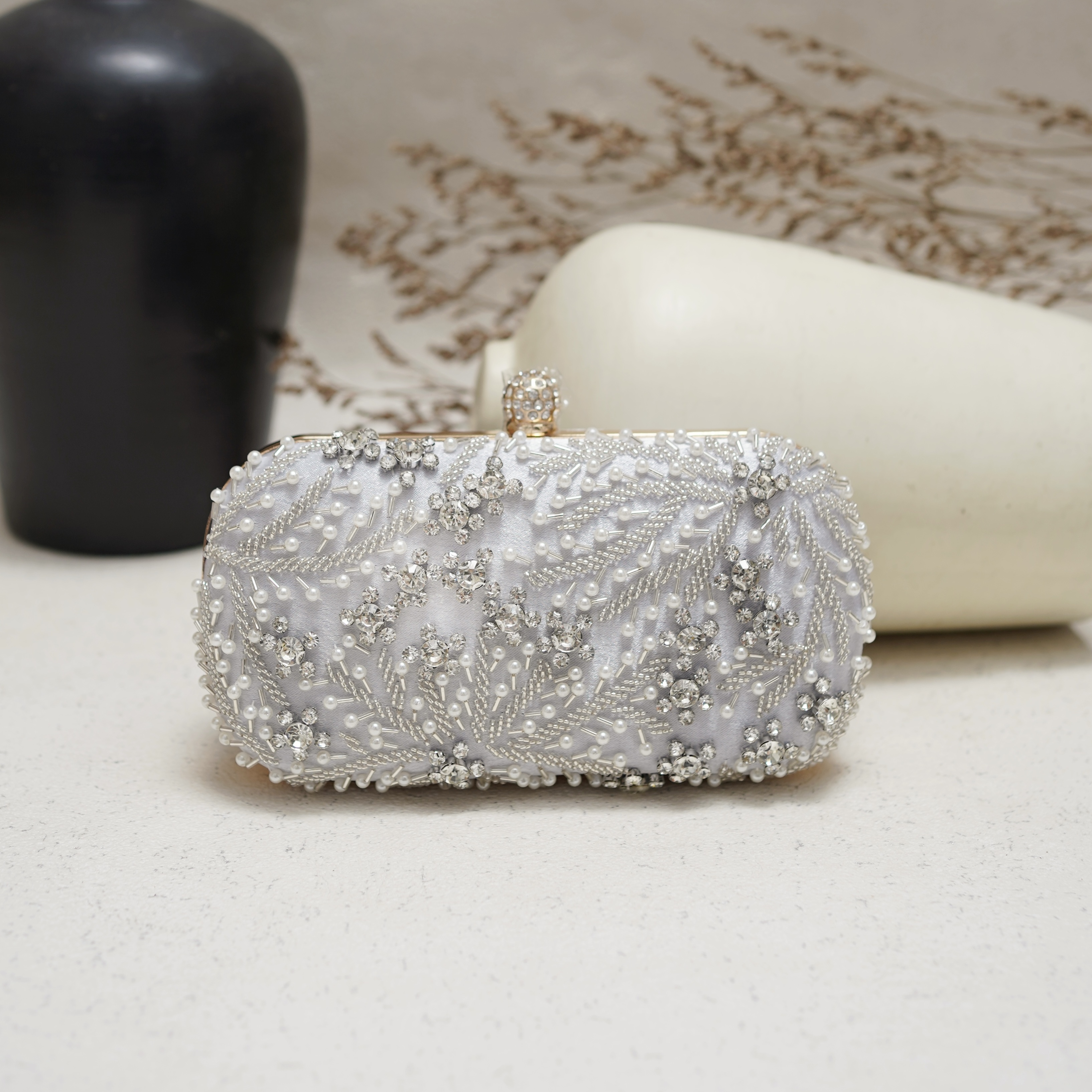 Deu_Calantha Clutch Pesta Wanita Ornella Mewah Full Crystal Mutiara – Tas Bridal Bordir Bunga Elegant Frame Gold Premium Wedding Party
