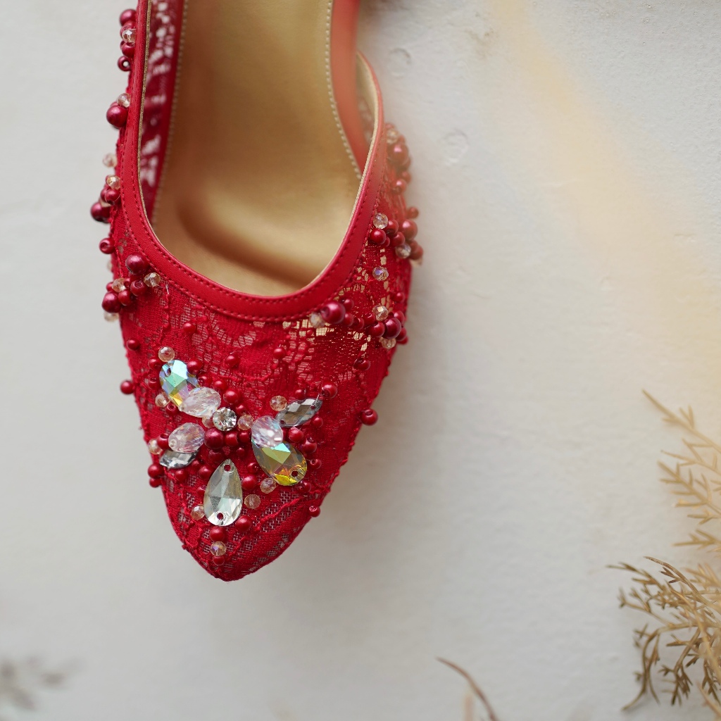 Deu_Calantha Sepatu Pesta Wanita Wedding Shoes Berpayet Reffina Heels Blok 5 Cm Berbahan Brokat Insole Empuk