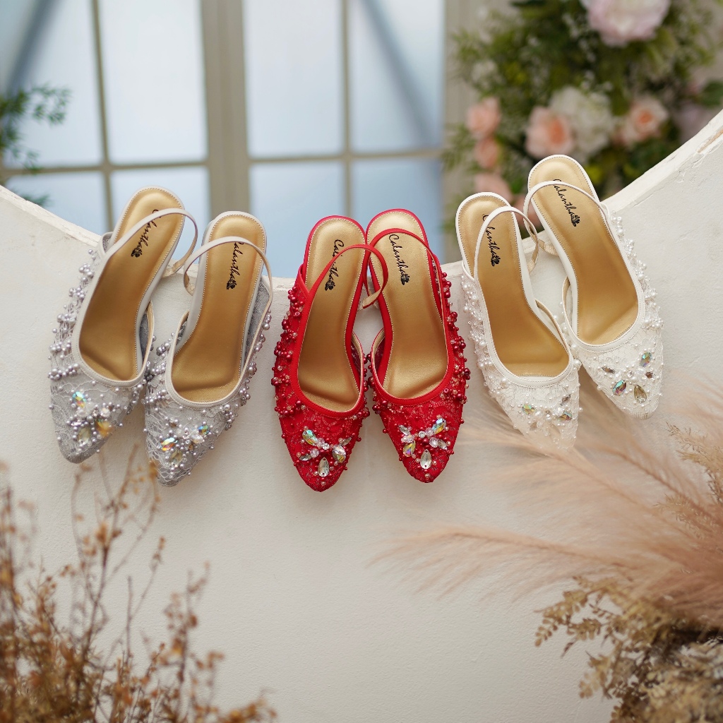 Deu_Calantha Sepatu Pesta Wanita Wedding Shoes Berpayet Reffina Heels Blok 5 Cm Berbahan Brokat Insole Empuk
