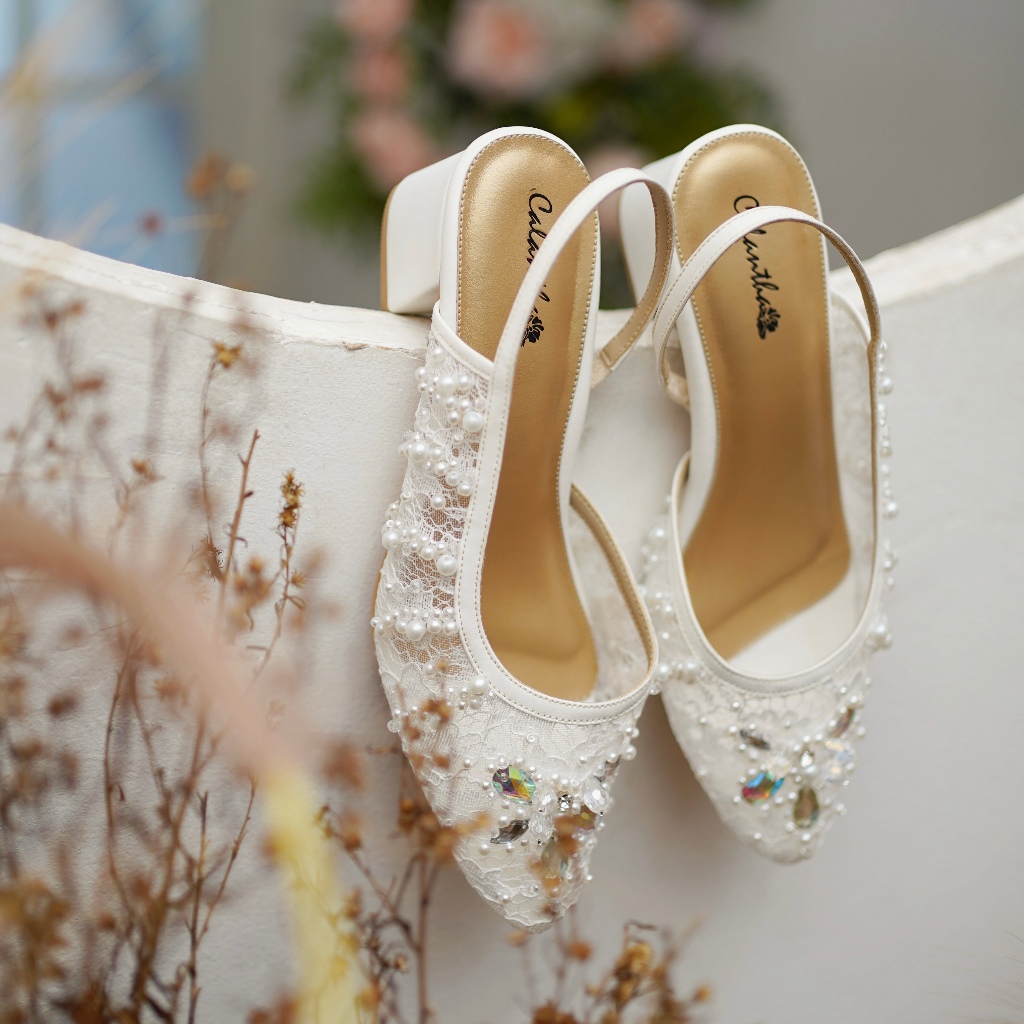 Deu_Calantha Sepatu Pesta Wanita Wedding Shoes Berpayet Reffina Heels Blok 5 Cm Berbahan Brokat Insole Empuk