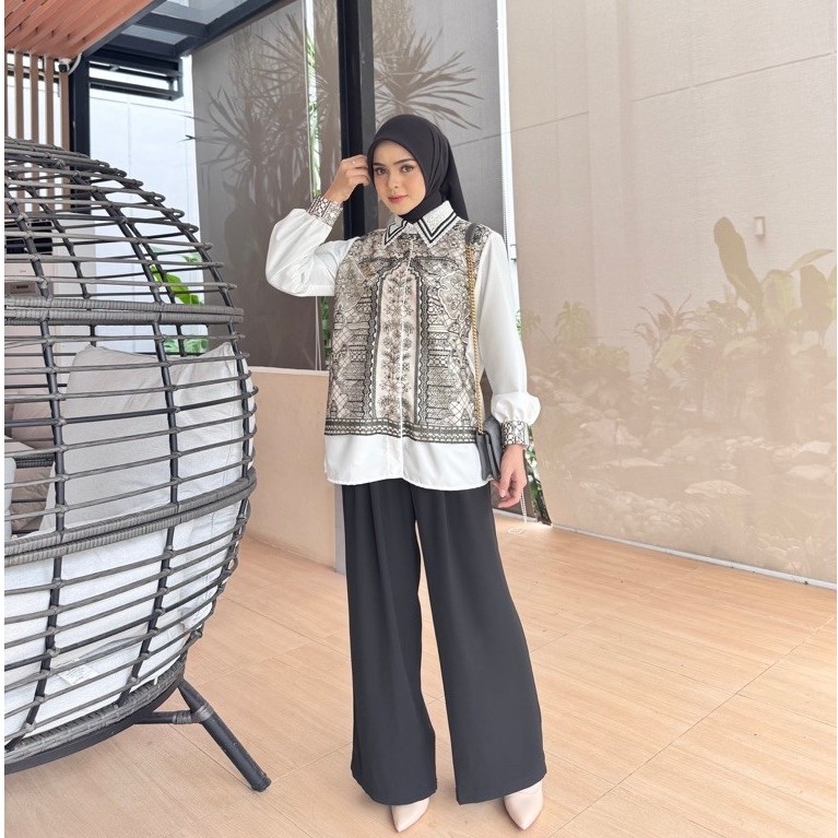 House of Syaira Velina Shirt - Kemeja Wanita Katun Premium Brokat Embroidery Renda Loose Fit Elegan