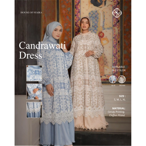 House of Syaira Candrawati Dress Semanggi Series - Maxi Dress Wanita Ceruty Printing Chiffon Plisket Elegan
