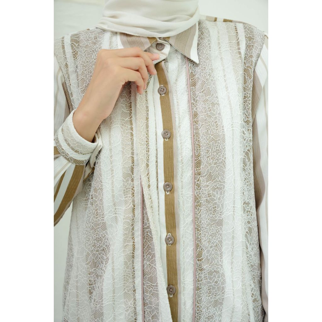 House of Syaira Chantilly & Stripes Ivory Whisper - Tunik Kemeja Wanita Lace Premium
