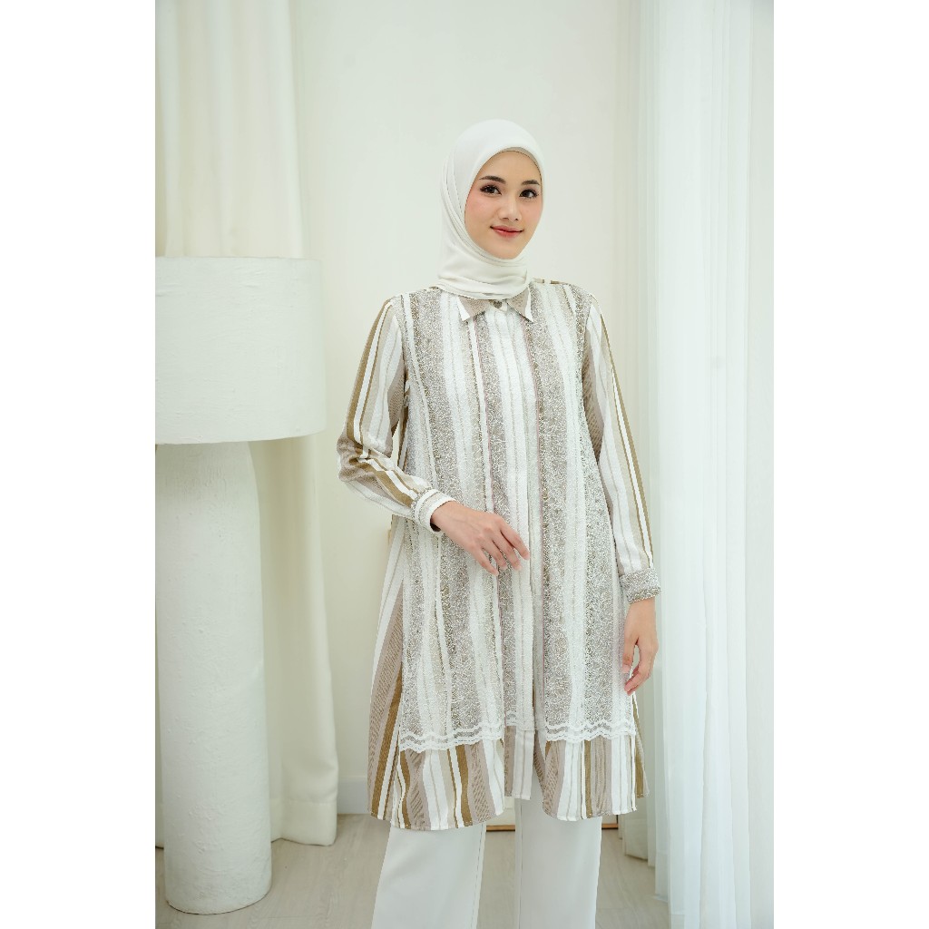 House of Syaira Chantilly & Stripes Ivory Whisper - Tunik Kemeja Wanita Lace Premium