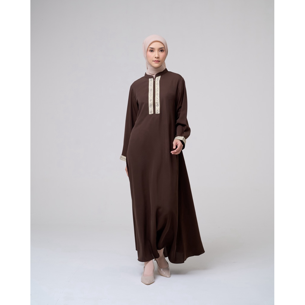 House of Syaira Aureelia Dress - Dress Wanita Flowly Bordir Etnik Coklat Elegan