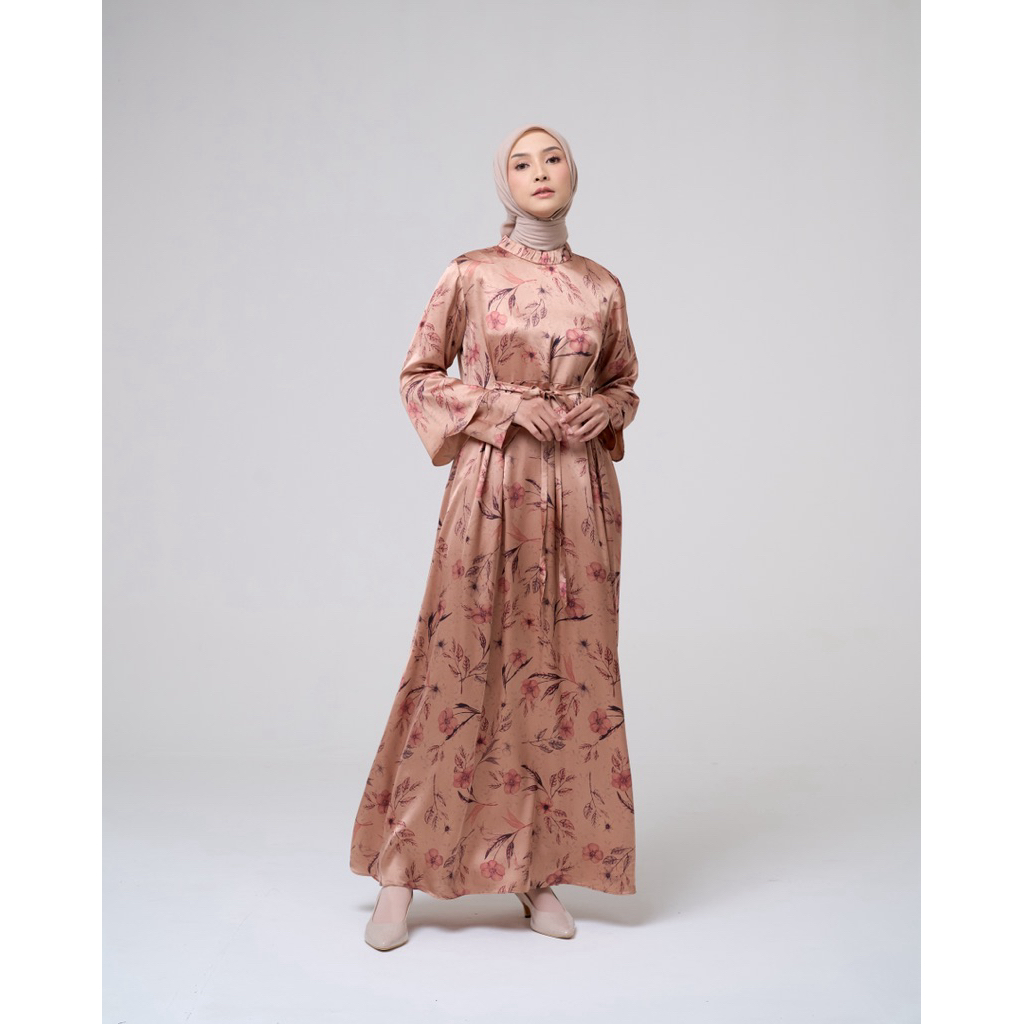 House of Syaira Amara Dress - Dress Wanita Satin Silk Motif Floral Rose Gold Elegan