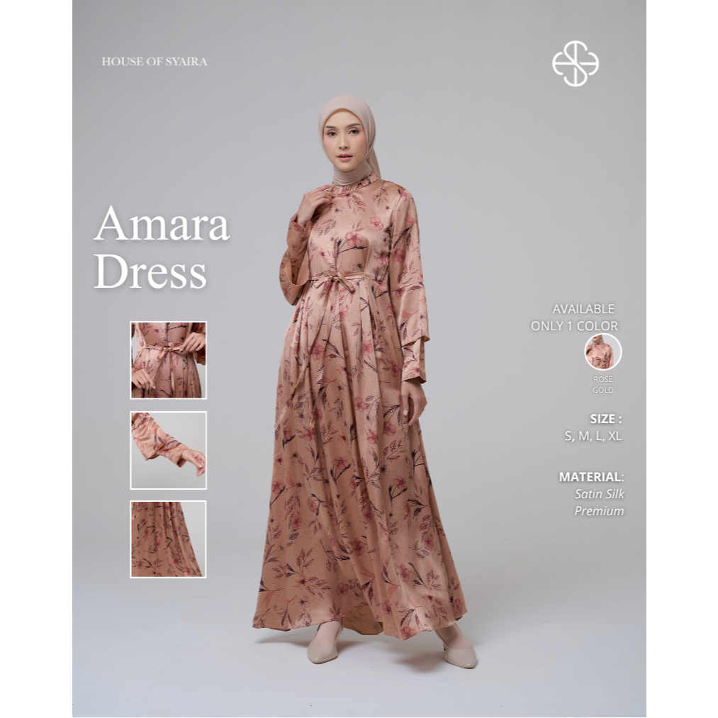 House of Syaira Amara Dress - Dress Wanita Satin Silk Motif Floral Rose Gold Elegan