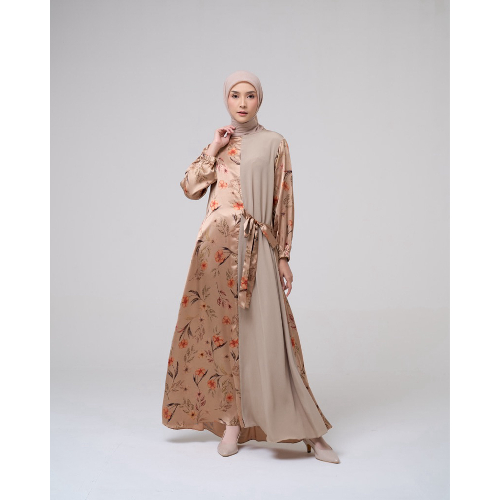 House of Syaira Amaris Dress - Dress Wanita Polycotton Satin Motif Bunga Elegan