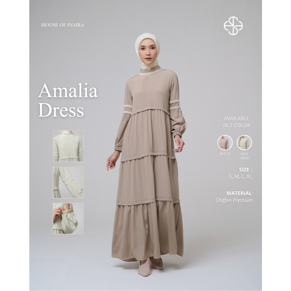 House of Syaira Amalia Dress - Dress Wanita Chiffon Flowly Lengan Puff Elegan