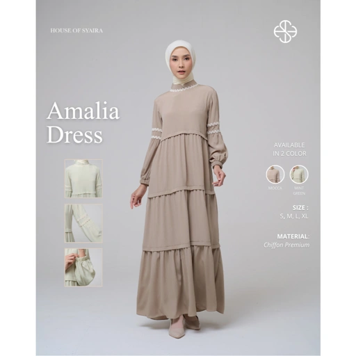 House of Syaira Amalia Dress - Dress Wanita Chiffon Flowly Lengan Puff Elegan