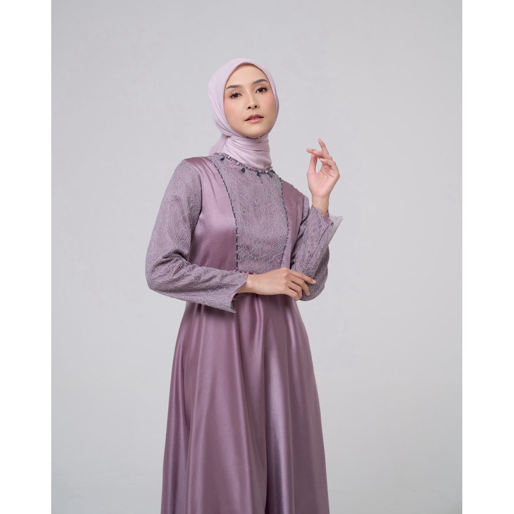 House of Syaira Lunara Dress - Maxi Dress Wanita Satin Lace Premium Renda Lavender