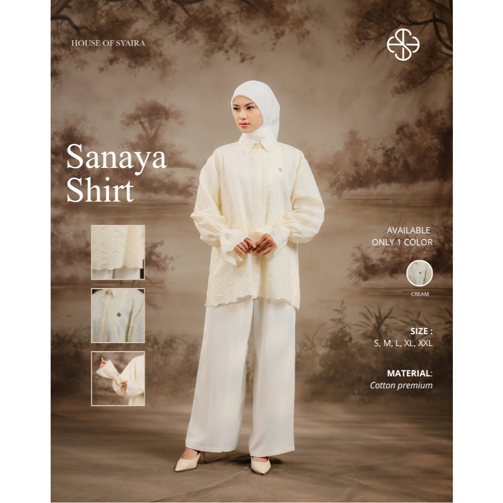 House of Syaira Sanaya Shirt - Blouse Kemeja Wanita Loose Fit Katun Bordir Lengan Panjang
