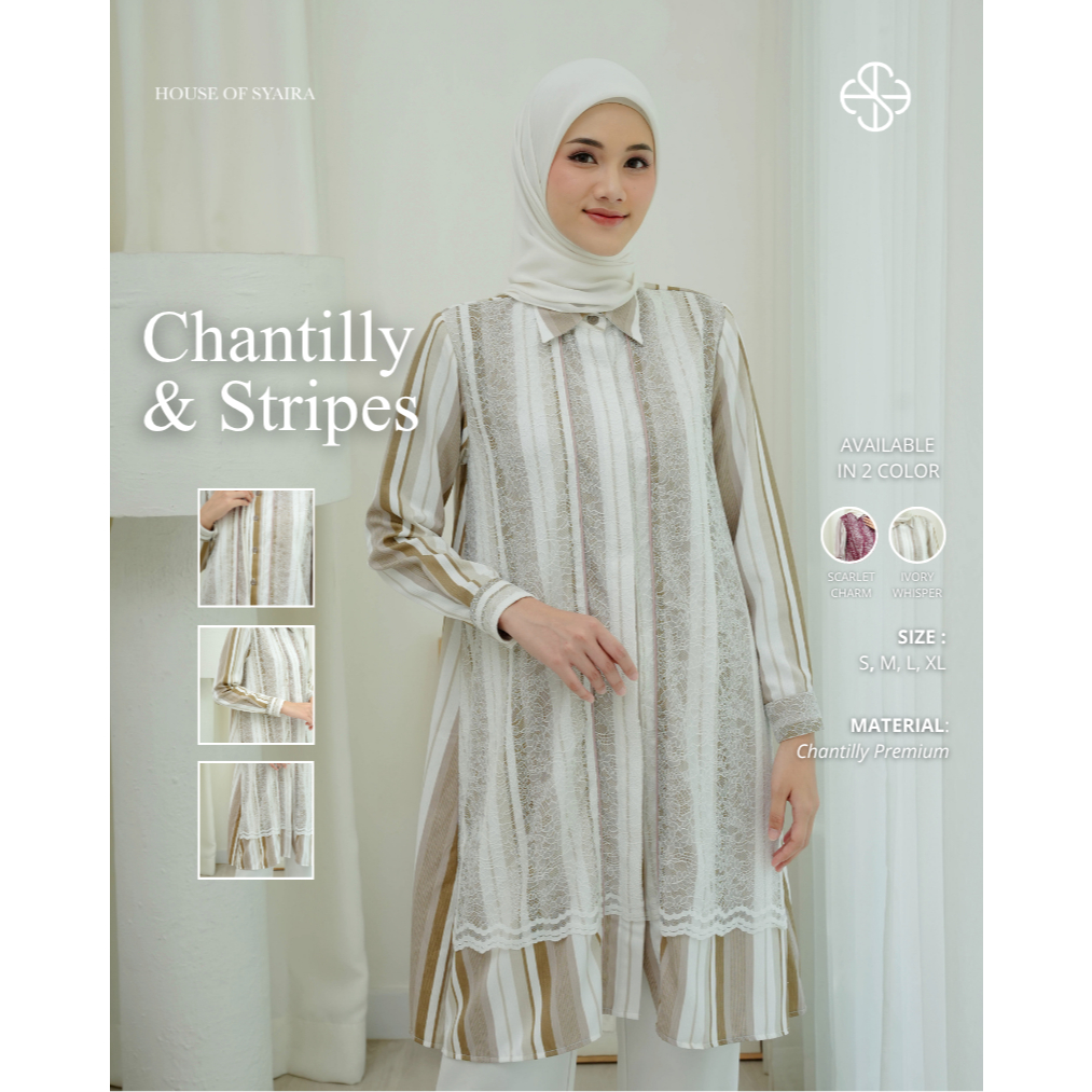 House of Syaira Chantilly & Stripes Ivory Whisper - Tunik Kemeja Wanita Lace Premium