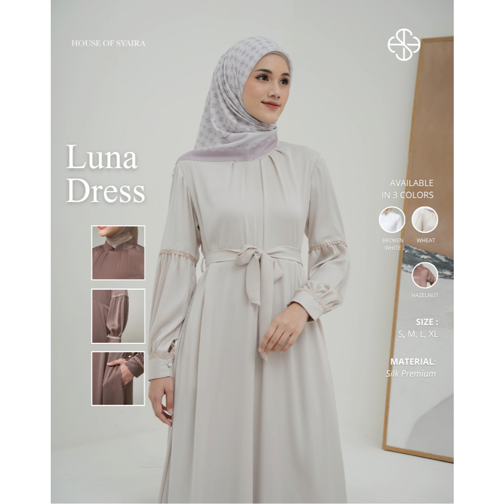 House of Syaira Luna Dress - Dress Wanita Royal Silk Flowy Belt Elegan Lengan Panjang