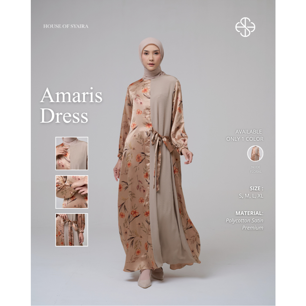 House of Syaira Amaris Dress - Dress Wanita Polycotton Satin Motif Bunga Elegan