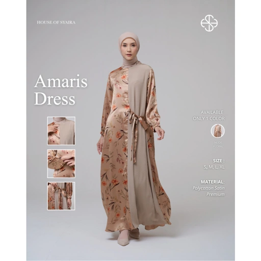 House of Syaira Amaris Dress - Dress Wanita Polycotton Satin Motif Bunga Elegan