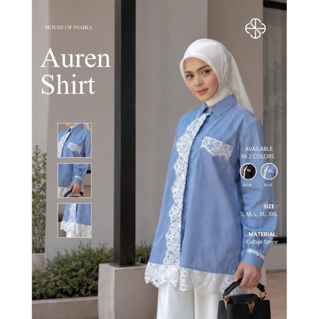 House of Syaira Auren Shirt - Kemeja Wanita Katun Stripe Renda Exclusive Loose Fit Elegan