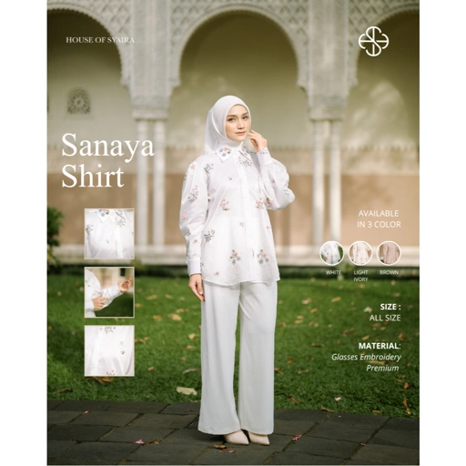 House of Syaira Yara Blooming Shirt - Kemeja Wanita Bordir Floral Lengan Puff Elegan