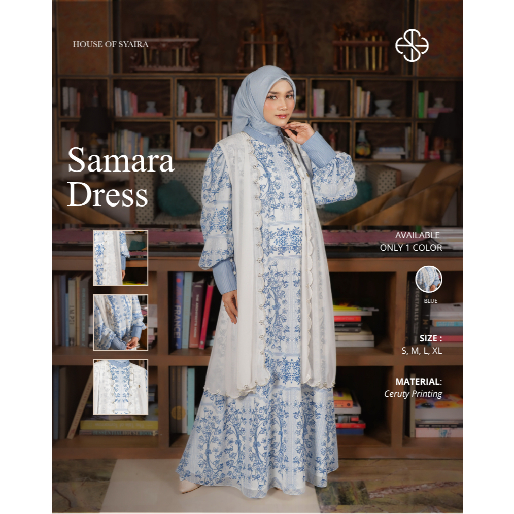 House of Syaira Samara Dress Semanggi Series - Dress Wanita Ceruty Printing Chiffon Plisket Elegan