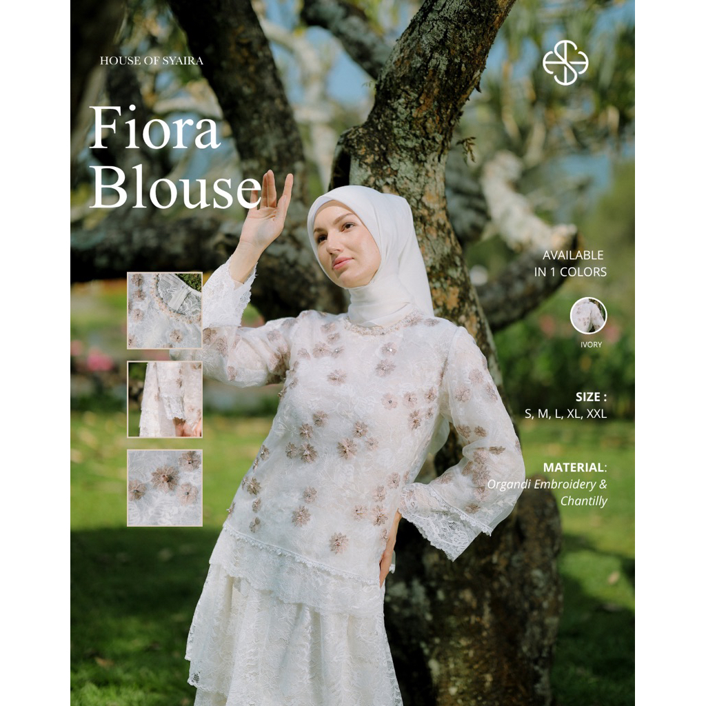 House of Syaira Fiora Blouse IFW Series– Blouse Wanita Organdi Embroidery & Chantilly Lengan Panjang