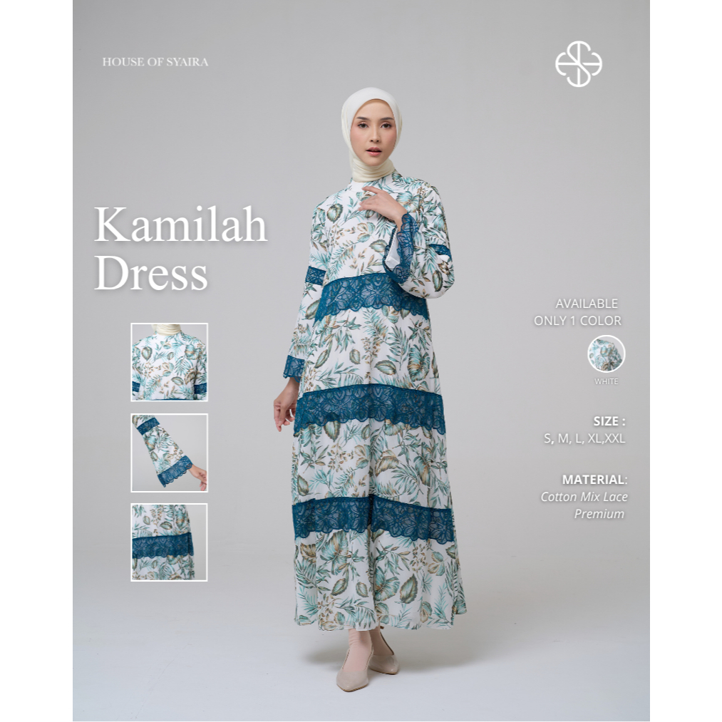 House of Syaira Kamilah Dress - Dress Wanita Katun Floral Renda Biru Elegan A-Line