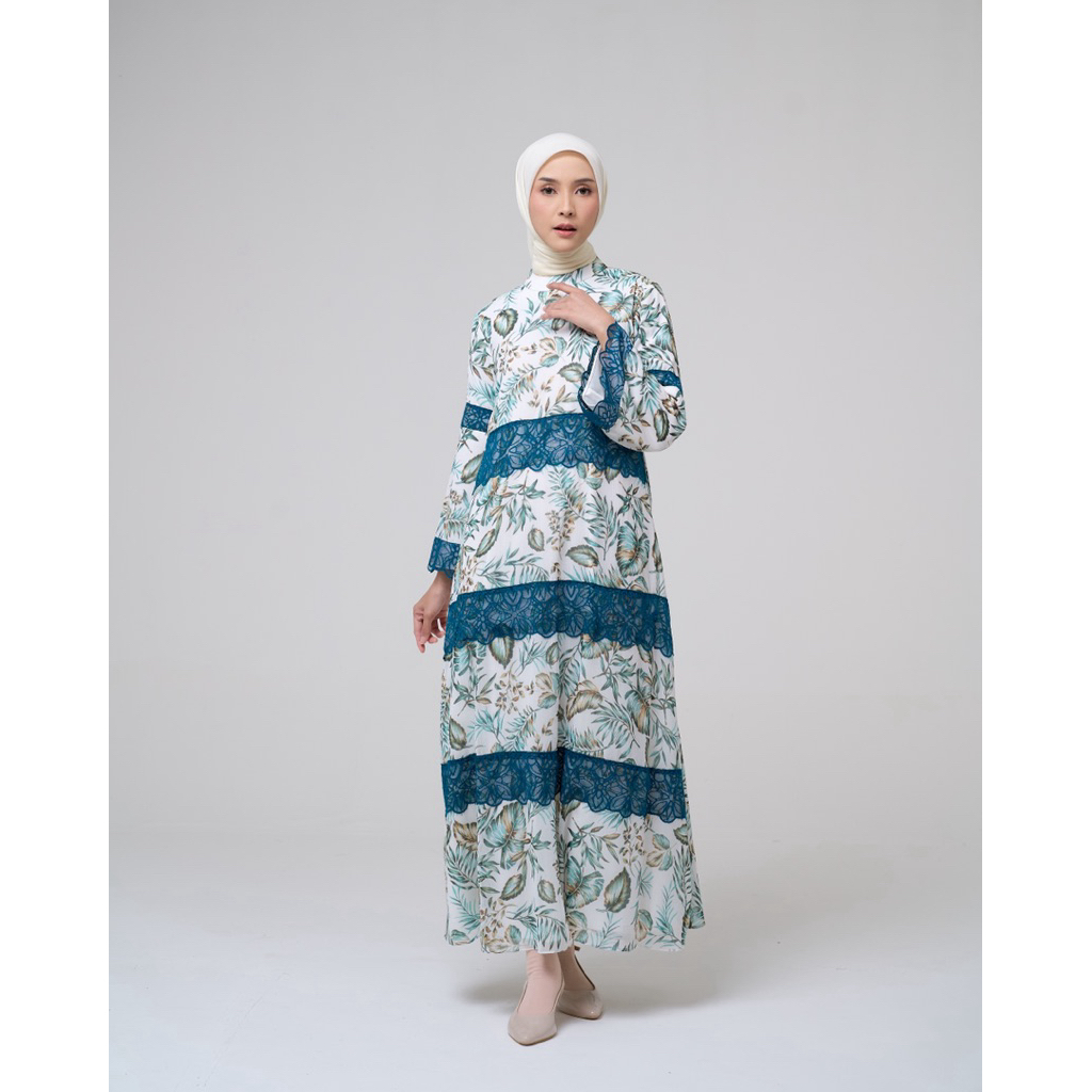 House of Syaira Kamilah Dress - Dress Wanita Katun Floral Renda Biru Elegan A-Line