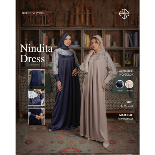 House of Syaira Nindita Dress Semanggi Series- Maxi Dress Wanita Printing Silk Payet Lengan Panjang
