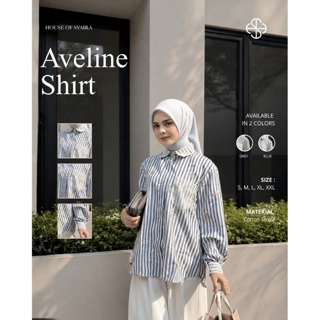 House of Syaira Aveline Shirt – Kemeja Wanita Cotton Stripe Embroidery Renda Premium Loose Fit