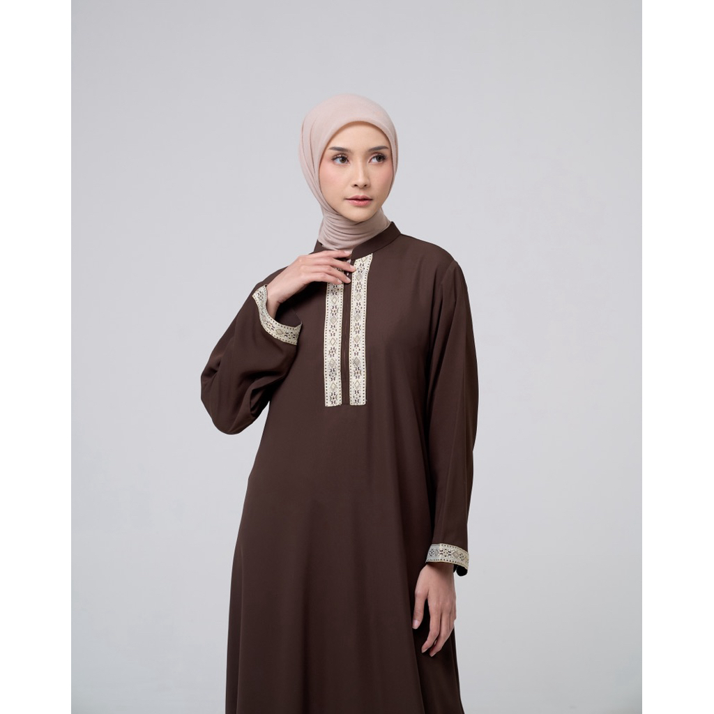 House of Syaira Aureelia Dress - Dress Wanita Flowly Bordir Etnik Coklat Elegan