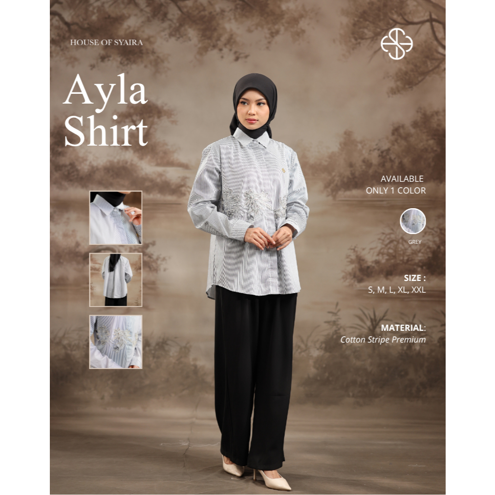 House of Syaira Ayla Shirt - Kemeja Wanita Cotton Stripe Renda Bordir Payet Elegan