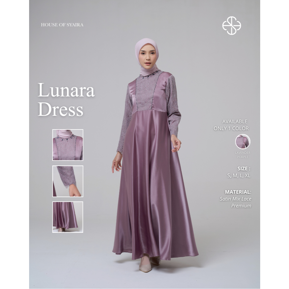 House of Syaira Lunara Dress - Maxi Dress Wanita Satin Lace Premium Renda Lavender