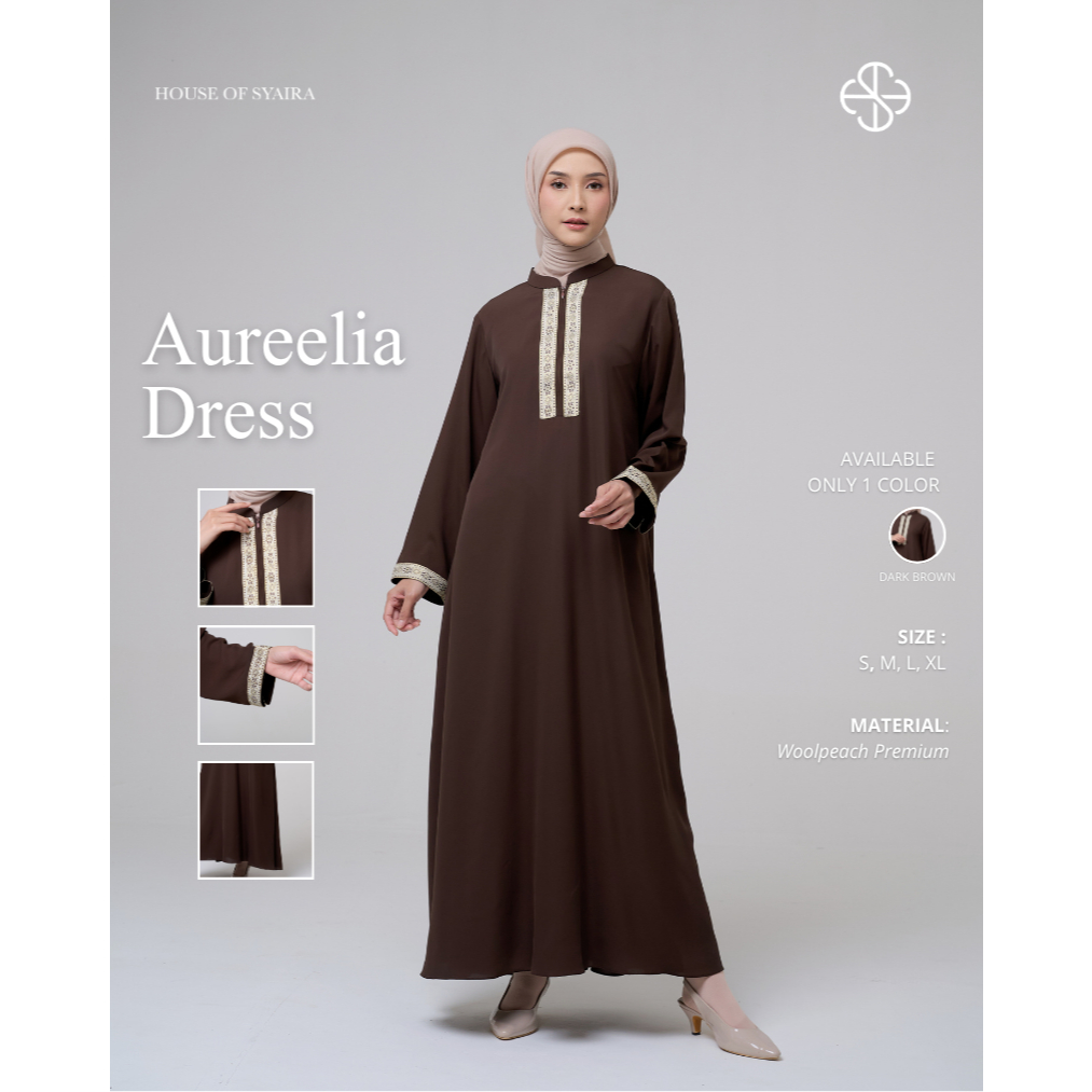 House of Syaira Aureelia Dress - Dress Wanita Flowly Bordir Etnik Coklat Elegan