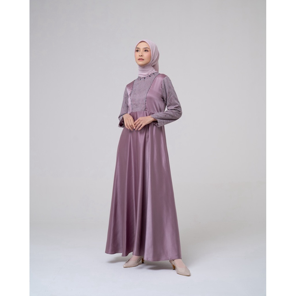 House of Syaira Lunara Dress - Maxi Dress Wanita Satin Lace Premium Renda Lavender