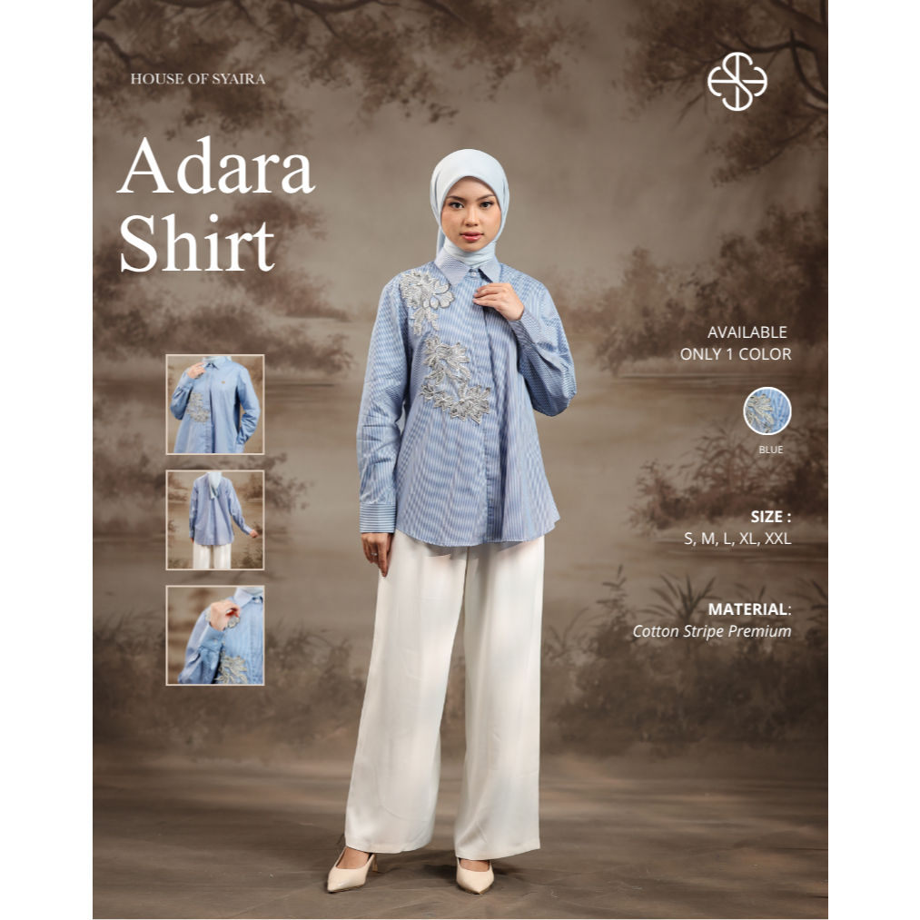 House of Syaira Adara Shirt - Kemeja Wanita Cotton Stripe Renda Bordir Payet Elegan