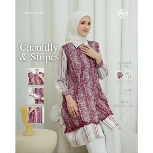 House of Syaira Chantilly & Stripes Scarlet Charm - Tunik Wanita Lace Premium Motif Stripe Elegan