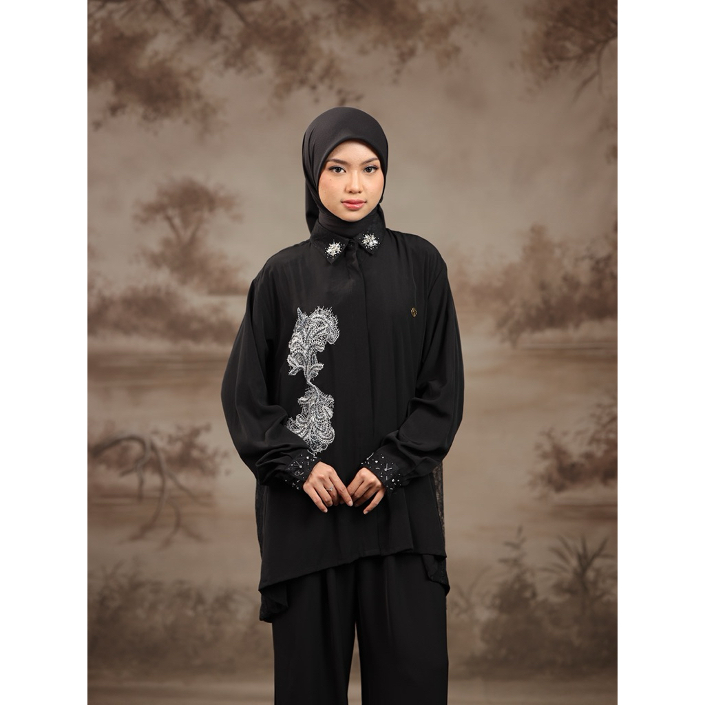 House of Syaira Helena Shirt - Kemeja Wanita Silk Premium Bordir Payet Elegan Lengan Panjang