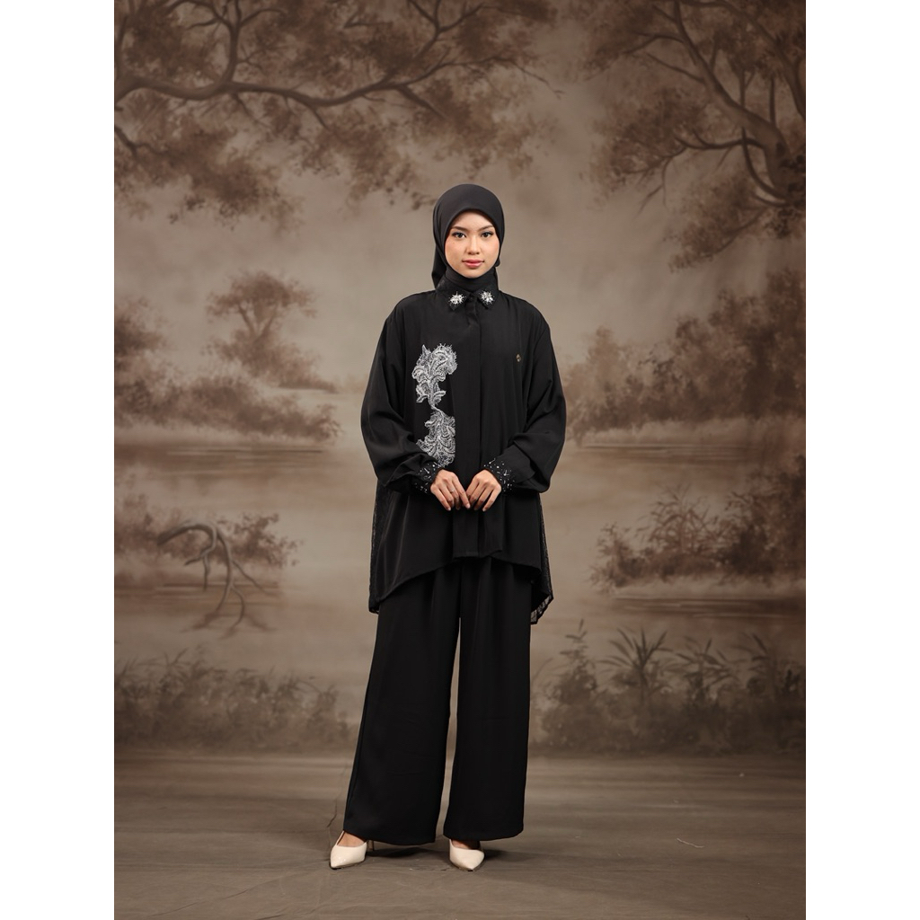 House of Syaira Helena Shirt - Kemeja Wanita Silk Premium Bordir Payet Elegan Lengan Panjang