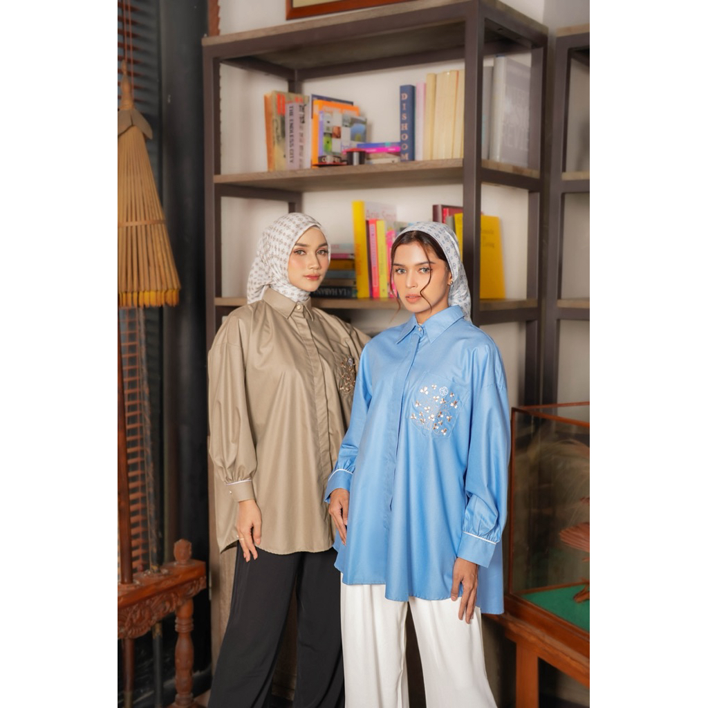 House of Syaira Padmasari Shirt Semanggi Series - Kemeja Wanita Kancing Katun Premium Bordir Payet Elegan